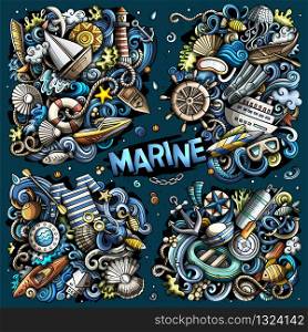 Colorful vector hand drawn doodles cartoon set of Marine combinations of objects and elements. All items are separate. Vector doodles cartoon set of Marine combinations of objects