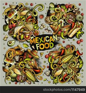 Colorful vector hand drawn doodles cartoon set of Mexican food combinations of objects and elements. Vector set of Mexican food combinations of objects and elements