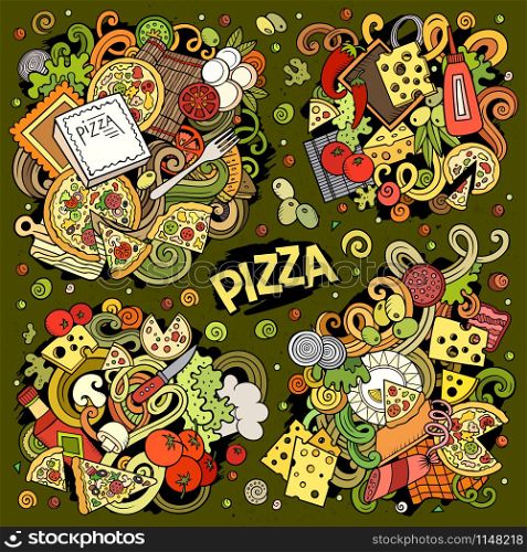 Colorful vector hand drawn doodles cartoon set of Pizza combinations of objects and elements. All items are separate. Colorful vector hand drawn doodles cartoon set of Pizza combinations