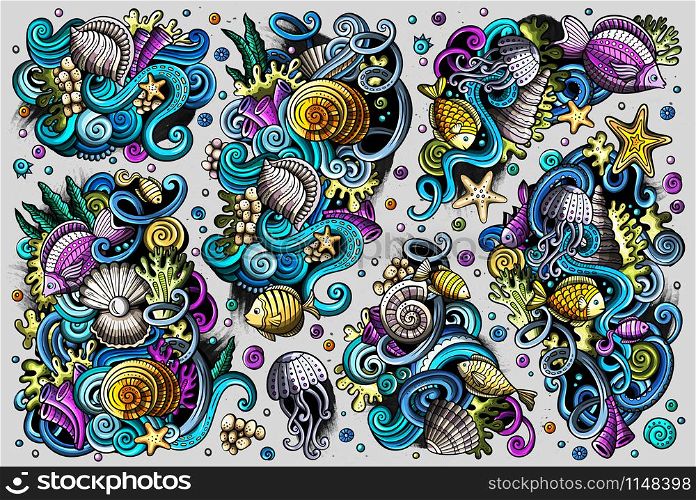 Colorful vector hand drawn doodles cartoon set of sealife combinations of objects and elements. Vector set of sealife combinations of objects and elements