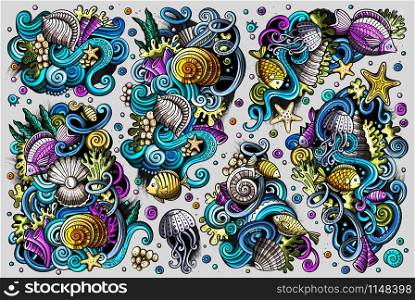 Colorful vector hand drawn doodles cartoon set of sealife combinations of objects and elements. Vector set of sealife combinations of objects and elements
