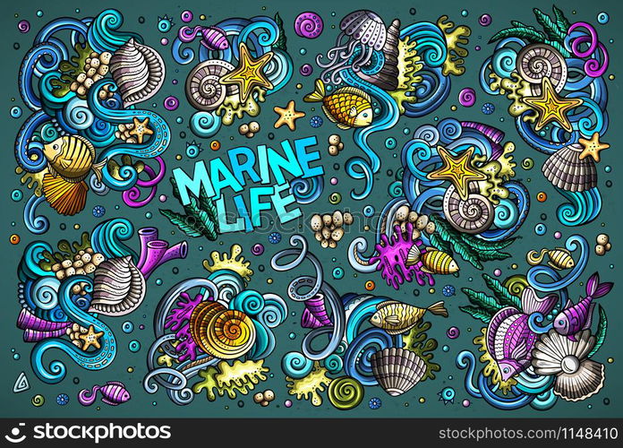 Colorful vector hand drawn doodles cartoon set of sealife combinations of objects and elements. Vector set of sealife combinations of objects and elements