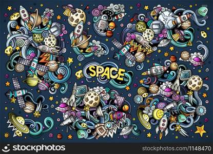 Colorful vector hand drawn doodles cartoon set of space combinations of objects and elements. Vector set of space combinations of objects and elements