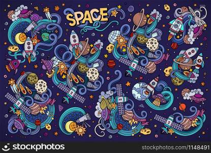Colorful vector hand drawn doodles cartoon set of Space objects and symbols. Colorful vector hand drawn doodles cartoon set of Space objects