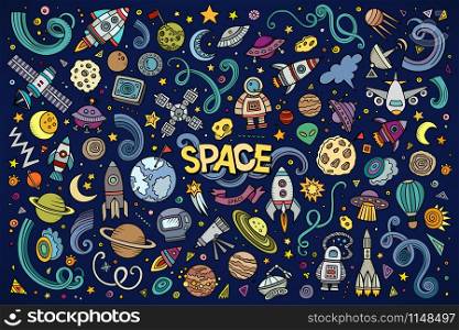 Colorful vector hand drawn doodles cartoon set of Space objects and symbols. Colorful vector hand drawn doodles cartoon set of Space objects