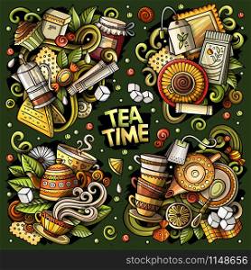 Colorful vector hand drawn doodles cartoon set of Tea combinations of objects and elements. All items are separate. Colorful vector hand drawn doodles cartoon set of Tea combinations