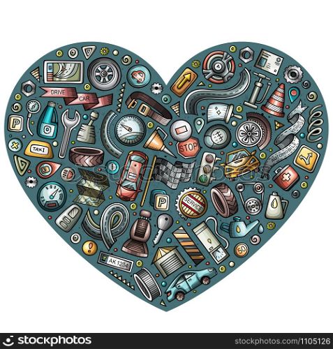 Colorful vector hand drawn set of Automobile cartoon doodle objects, symbols and items. Heart composition. Vector set of Automobile cartoon objects