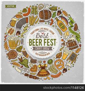 Colorful vector hand drawn set of Beer fest cartoon doodle objects, symbols and items. Round frame composition. Set of Beer fest cartoon doodle objects round frame