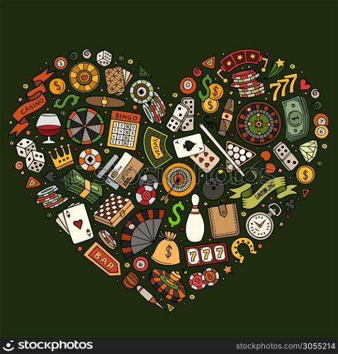 Colorful vector hand drawn set of Casino cartoon doodle objects, symbols and items. Heart form composition. Set of Casino cartoon doodle objects