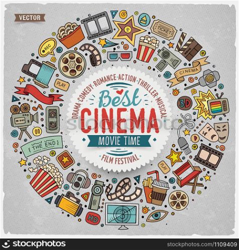 Colorful vector hand drawn set of Cinema cartoon doodle objects, symbols and items. Round frame composition. Set of Cinema cartoon doodle objects