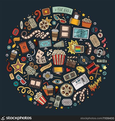 Colorful vector hand drawn set of Cinema cartoon doodle objects, symbols and items. Round composition. Set of Cinema cartoon doodle objects
