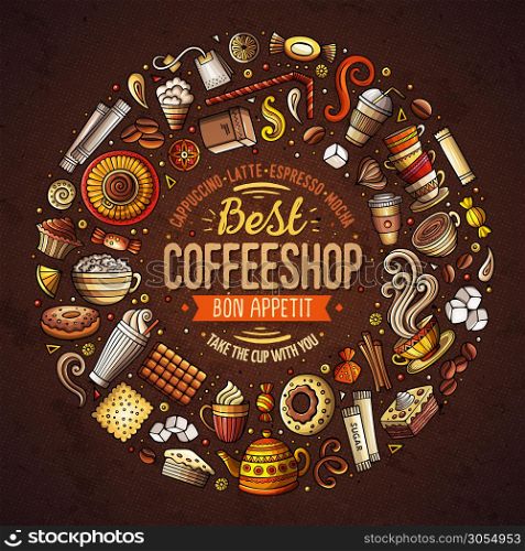 Colorful vector hand drawn set of Coffee cartoon doodle objects, symbols and items. Round frame composition. Set of Coffee cartoon doodle objects, symbols and items