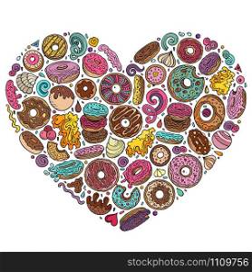 Colorful vector hand drawn set of Donuts cartoon doodle objects, symbols and items. Heart form composition. Colorful vector hand drawn set of Donuts cartoon doodle objects