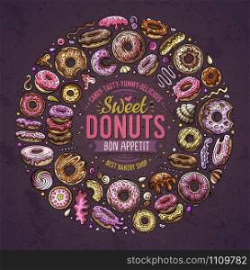 Colorful vector hand drawn set of Donuts cartoon doodle objects, symbols and items. Round frame composition. Set of Donuts cartoon doodle objects, symbols and items