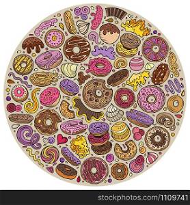 Colorful vector hand drawn set of Donuts cartoon doodle objects, symbols and items. Round composition. Colorful vector hand drawn set of Donuts cartoon doodle objects