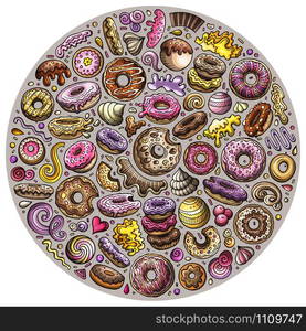 Colorful vector hand drawn set of Donuts cartoon doodle objects, symbols and items. Round composition. Colorful vector hand drawn set of Donuts cartoon doodle objects