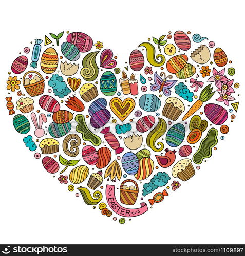 Colorful vector hand drawn set of Easter cartoon doodle objects, symbols and items. Heart form composition. Vector set of Easter cartoon doodle objects