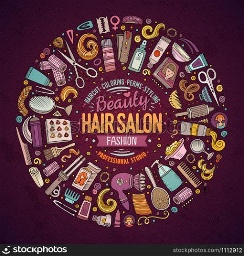 Colorful vector hand drawn set of Hair salon cartoon doodle objects, symbols and items. Round frame composition. Vector set of Hair salon cartoon doodle objects