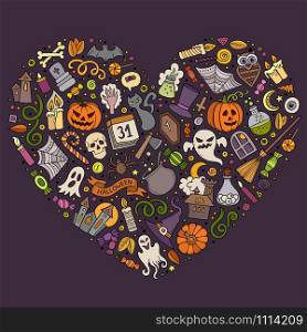 Colorful vector hand drawn set of Halloween cartoon doodle objects, symbols and items. Heart form composition. Colorful vector set of Halloween cartoon doodle objects, symbols and items