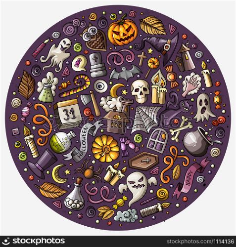 Colorful vector hand drawn set of Halloween cartoon doodle objects, symbols and items. Round composition. Set of Halloween cartoon objects, symbols and items