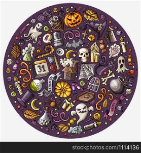 Colorful vector hand drawn set of Halloween cartoon doodle objects, symbols and items. Round composition. Set of Halloween cartoon objects, symbols and items