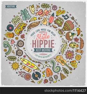 Colorful vector hand drawn set of Hippie cartoon doodle objects, symbols and items. Round frame composition. Set of Hippie cartoon doodle objects, symbols and items