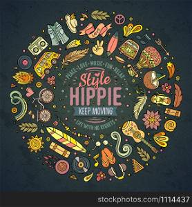 Colorful vector hand drawn set of Hippie cartoon doodle objects, symbols and items. Round frame composition. Set of Hippie cartoon doodle objects, symbols and items