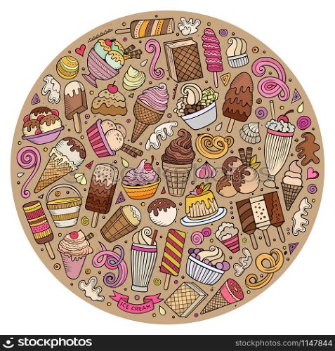 Colorful vector hand drawn set of Ice Cream cartoon doodle objects, symbols and items. Round composition. Set of Ice Cream cartoon doodles objects