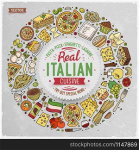 Colorful vector hand drawn set of Italian food cartoon doodle objects, symbols and items. Round frame composition. Set of Italian food cartoon doodle objects, symbols and items