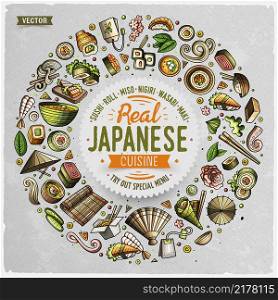 Colorful vector hand drawn set of Japanese food cartoon doodle objects, symbols and items. Round frame composition. Set of Japanese food cartoon doodle objects, symbols and items