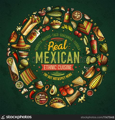 Colorful vector hand drawn set of Mexican food cartoon doodle objects, symbols and items. Round frame composition. Set of Mexican food cartoon doodle objects, symbols and items