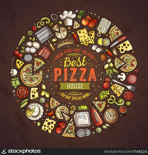 Colorful vector hand drawn set of Pizza cartoon doodle objects, symbols and items. Round frame composition. Set of DPizza cartoon doodle objects, symbols and items