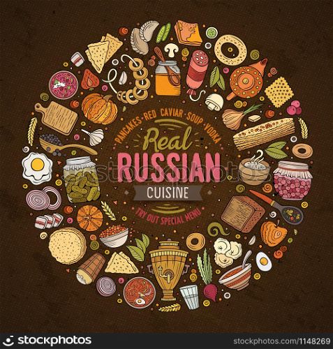 Colorful vector hand drawn set of Russian food cartoon doodle objects, symbols and items. Round frame composition. Vector set of Russian food cartoon doodle objects