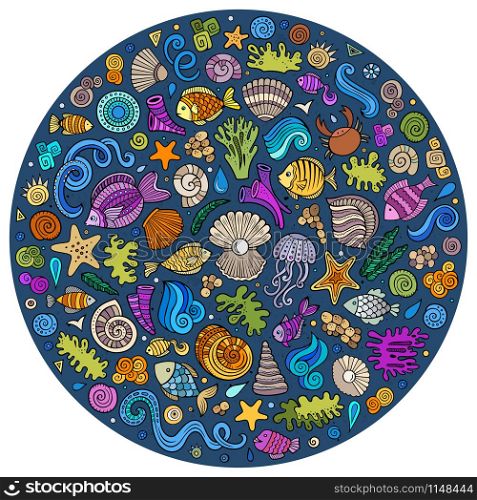 Colorful vector hand drawn set of Sealife cartoon doodle objects, symbols and items. Round composition. Set of Sealife cartoon doodle objects, symbols and items