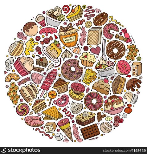 Colorful vector hand drawn set of Sweet food cartoon doodle objects, symbols and items. Round composition. Set of Sweet food cartoon doodle objects, symbols and items