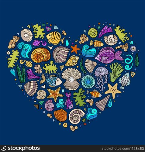 Colorful vector hand drawn set of Underwater life cartoon doodle objects, symbols and items. Heart form composition. Colorful set of marine life objects