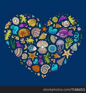 Colorful vector hand drawn set of Underwater life cartoon doodle objects, symbols and items. Heart form composition. Colorful set of marine life objects