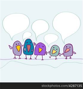 Colorful Vector illustration. Cartoon blue birds talking.