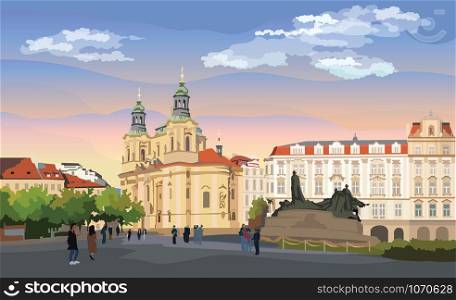 Colorful vector Illustration. Cityscape of St. Nicholas church and Jan Hus Memorial. Landmark of Prague, Czech Republic. Colorful vector illustration of landmark of Prague.