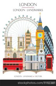 Colorful vector illustration famous landmarks of London, England. Vector illustration isolated on white background. Stock illustration