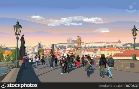 Colorful vector Illustration of Charles Bridge and panorama of Prague. Landmark of Prague, Czech Republic.Colorful vector illustration of landmark of Prague.