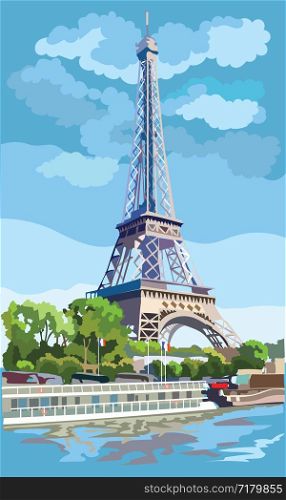 Colorful vector illustration of Eiffel Tower, landmark of Paris, France. Cityscape with Eiffel Tower, view on Seine river embankment.