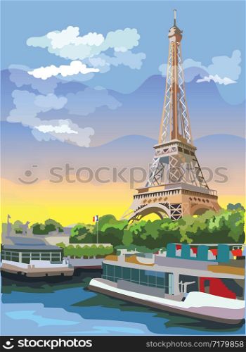 Colorful vector Illustration of Eiffel Tower, landmark of Paris, France. Cityscape with Eiffel Tower, view on Seine river embankment. Colorful vector illustration.