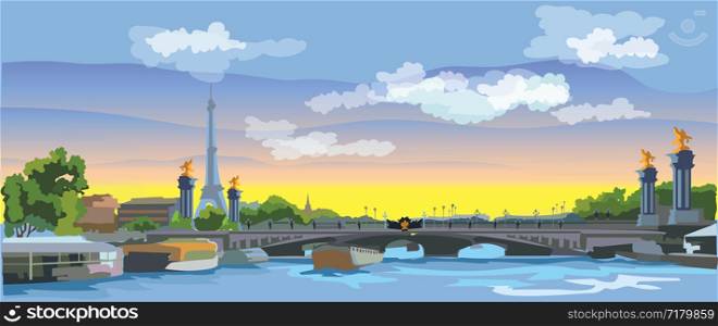 Colorful vector Illustration of Eiffel Tower, landmark of Paris, France. Panoramic cityscape with Eiffel Tower and Pont Alexandre III, view on Seine river embankment.