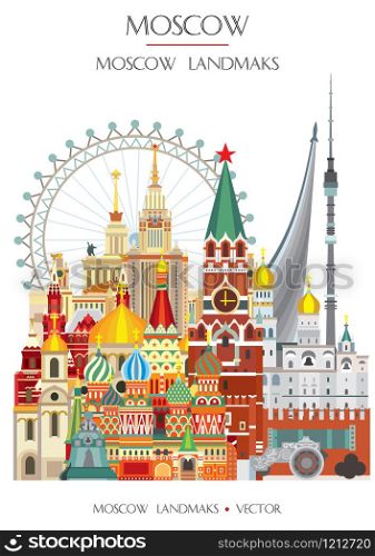 Colorful vector illustration of famous landmarks of Moscow, Russia. Vector flat illustration isolated on white background. Stock illustration