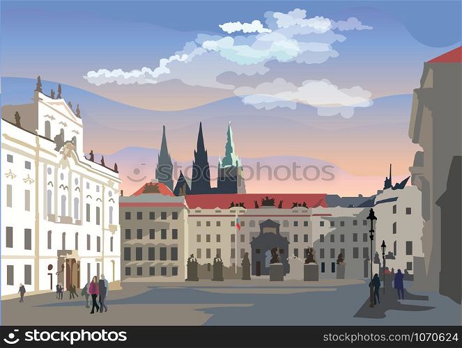 Colorful vector Illustration of Hradcany square. The Central gate of the Hradcany Castle.Landmark of Prague, Czech Republic. Vector colorful Illustration of landmark of Prague.