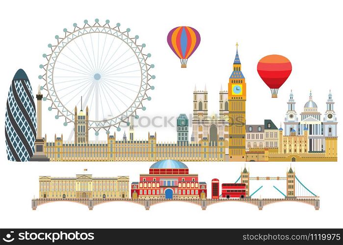 Colorful vector illustration of London landmarks. City Skyline vector illustration isolated on white background. Vector colorful illustration of attractions of London, England.