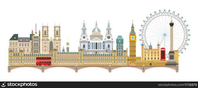 Colorful vector illustration of London landmarks. City Skyline vector illustration isolated on white background. Panoramic vector colorful illustration of attractions of London, England.