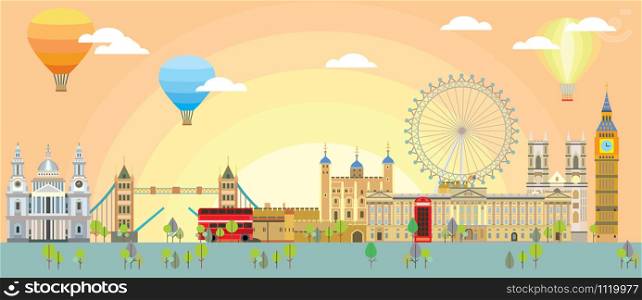 Colorful vector illustration of London landmarks. City Skyline vector isolated illustration. Vector London background with sunrise and air balloon. Vector colorful illustration of attractions of London, England.