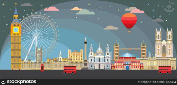 Colorful vector illustration of London landmarks. City Skyline vector isolated illustration. Vector London background in twilight with air balloon and stars in sky. Vector colorful illustration of London, England.